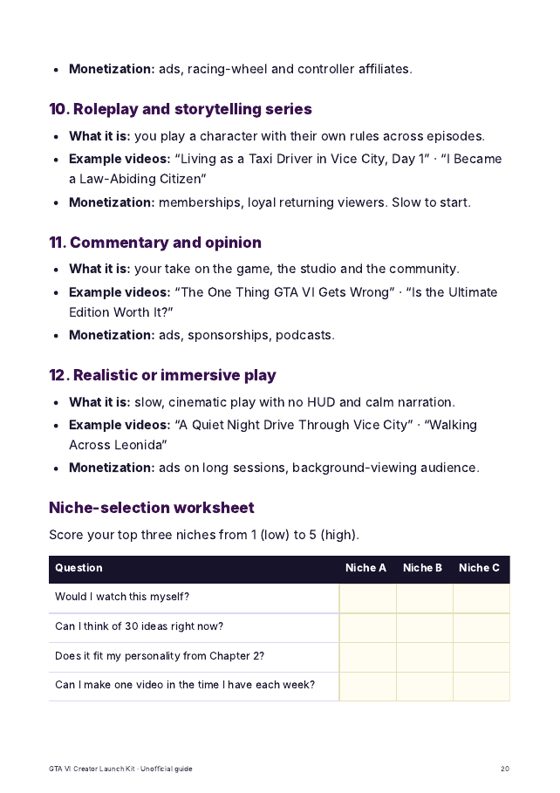 Playbook page with the niche-selection worksheet